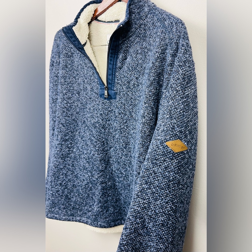 Orvis Blue Sherpa-Lined 1/4 Zip Pullover – Heathered Fleece Sweater – Size XL